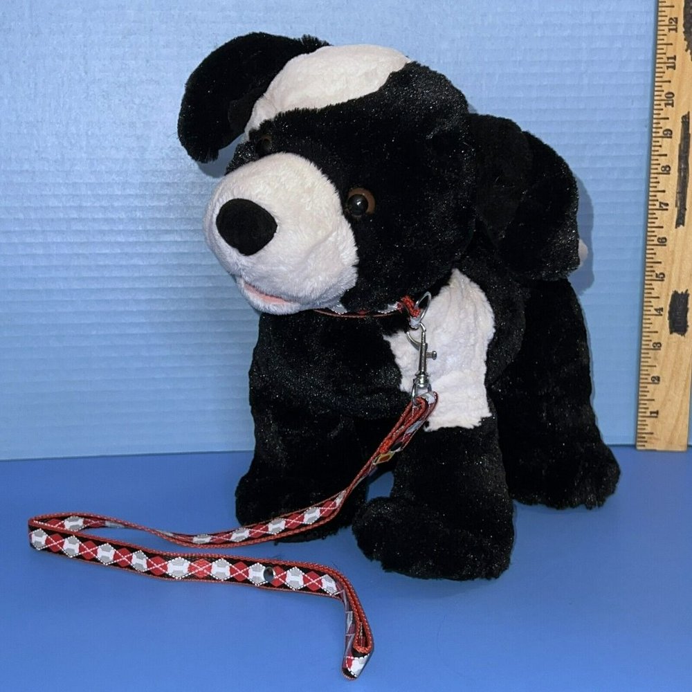 Build A Bear Play By Play Pup Black White Patch Puppy Dog 12" Plush Collar Leash